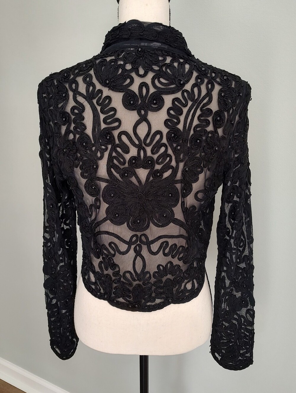 90s Vintage Cache Beaded Mesh Top Jacket Ribbon Black Whimsigoth Cropped L - Picture 2 of 8